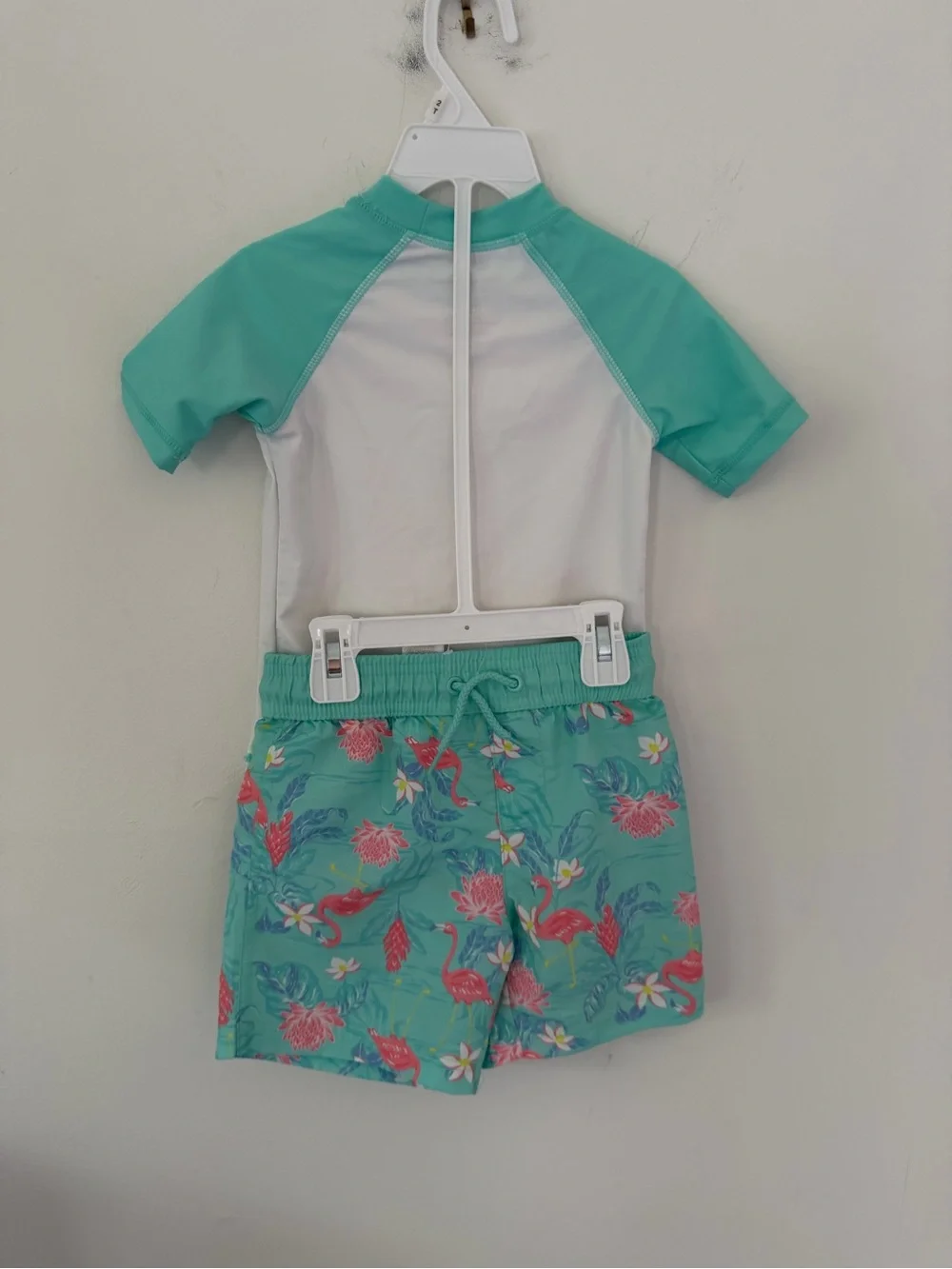 Tommy Bahama Mint Green & White Kids Rash Guard Set with Flamingo Print Trunks